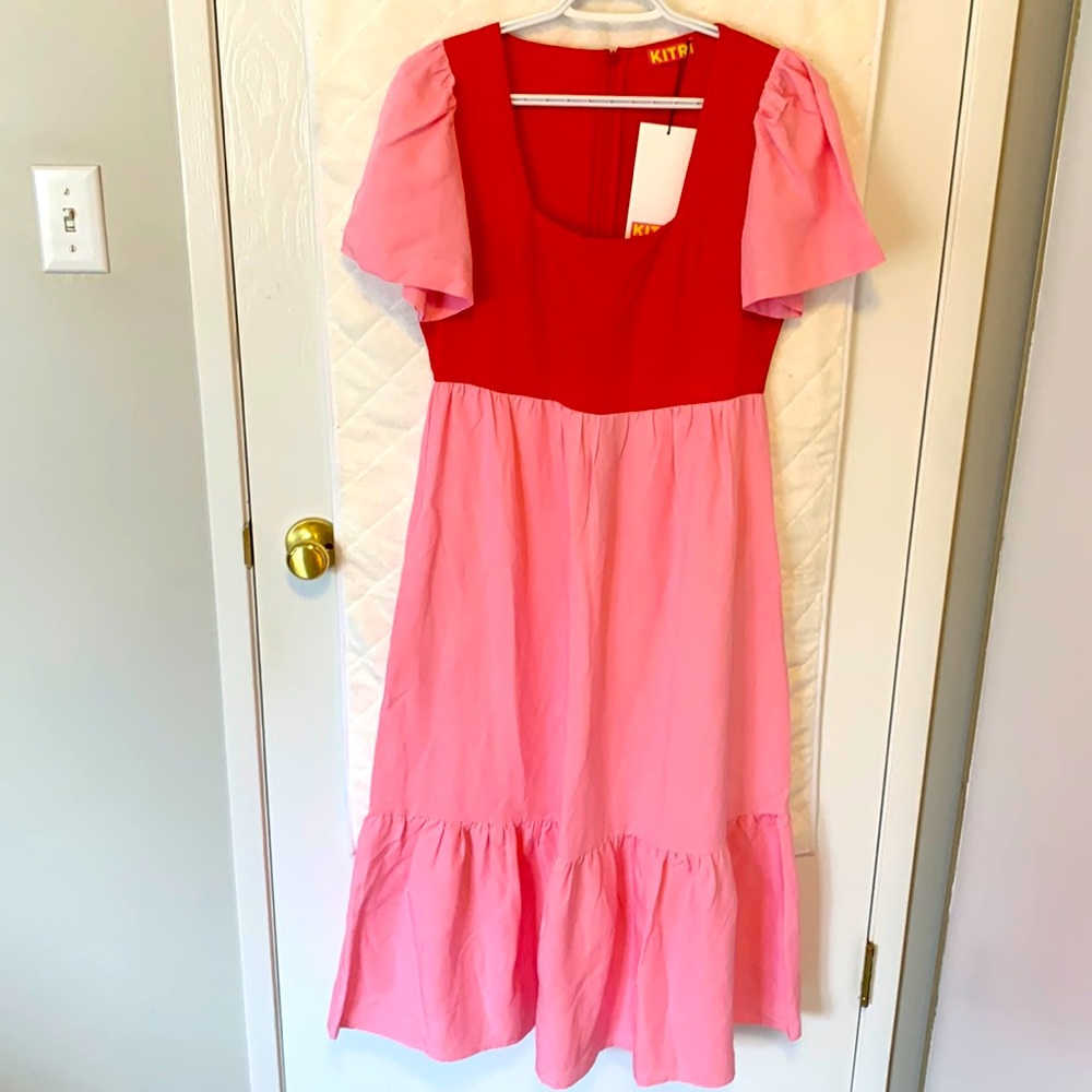 Red and pink linen midi dress with short sleeves and ruffled hem